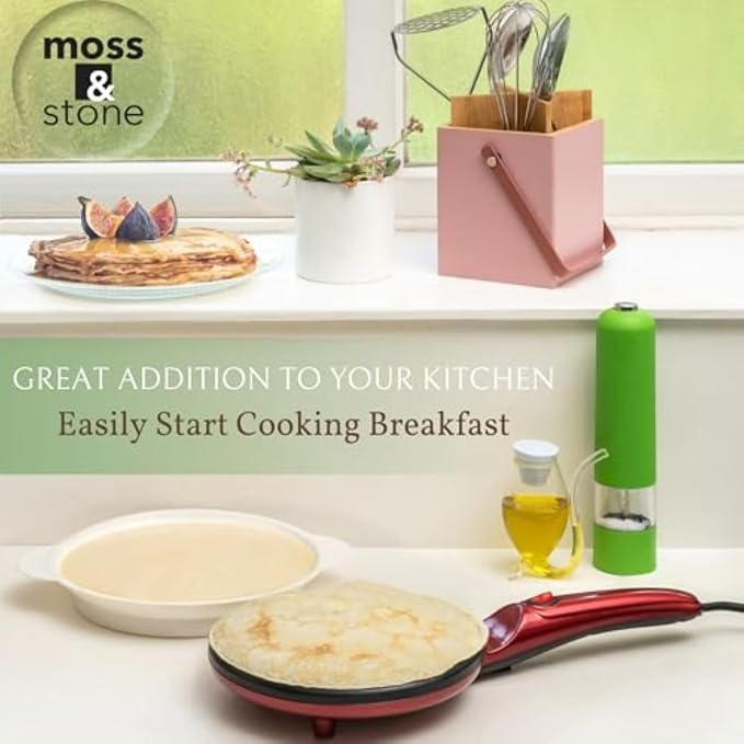 Moss & Stone Red Electric Crepe Maker, 8" Portable Nonstick Crepe Pan | Nonstick dipping plate, auto shut-off, on/off switch, even heating, dual temperature control, compact design