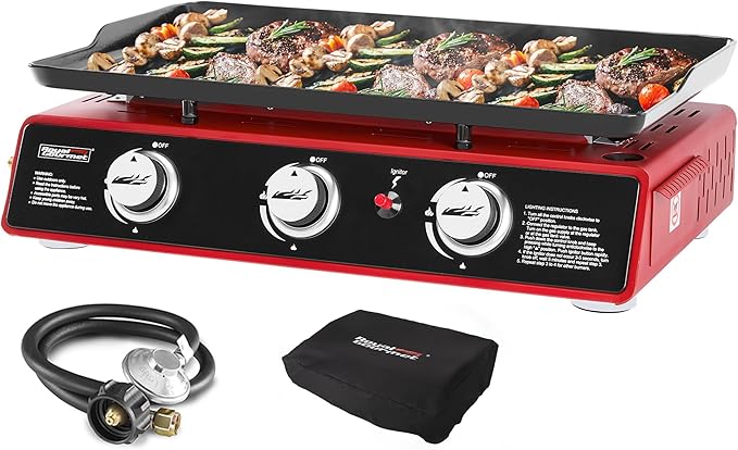 Royal Gourmet PD1301R 3-Burner Tabletop Propane Gas Griddle with Cover | 24 Inch Portable Griddle, Red | 25,500 BTUs Output, 319 sq. in. cooking area | for Outdoor Cooking, Camping or Tailgating