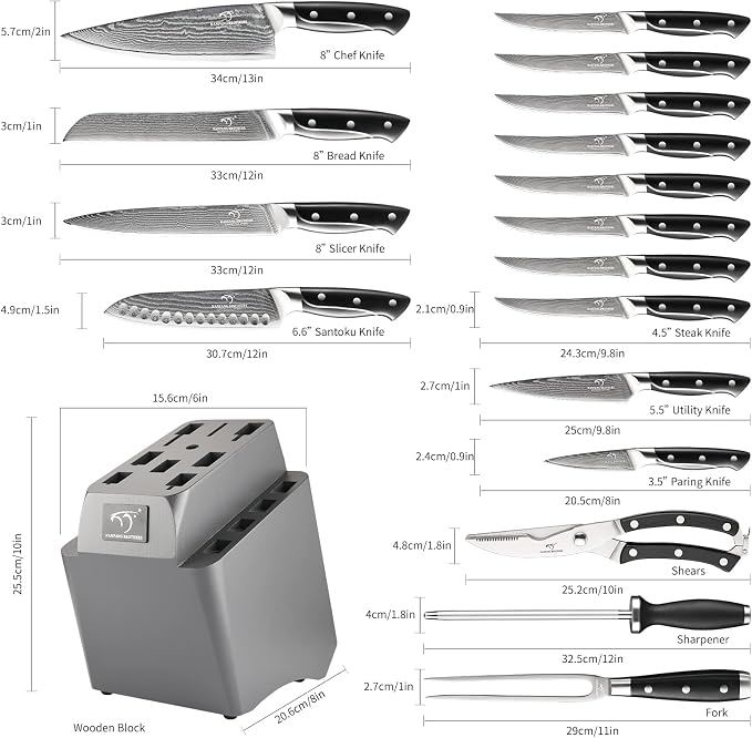 18 Pieces Damascus Kitchen Knife Set, 8 Piece Steak Knives, Non-slip ABS Ergonomic Triple Rivet Handle for Meat Fork, Knife Sharpener and Shears, 17 Slots Fraxinus Manchuria Knife Block (Grey)