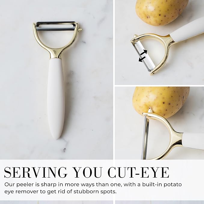 Styled Settings White & Gold Cooking Utensils Set, 8-Piece | Kitchen Utensils Set Includes Can Opener, Tongs and Garlic Press, White and Gold Kitchen Accessories for Kitchens