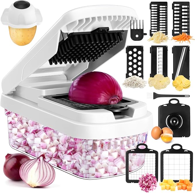 Yusshn Vegetable Chopper, 12-in-1 Food Veggie Chopper Cutter with Container | 7 Sharp Blades Dice, Slice, Shred and Grate for Salads, Onions and Meal Prep, with a Non-Slip Base and Drain Basket