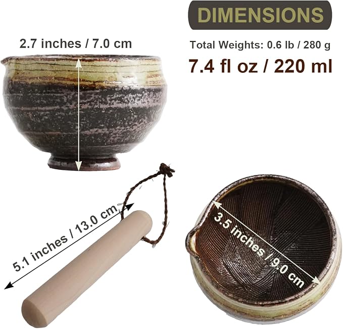 Traditional Japanese Mini Sesame Seed Grinder with Pestle - Mino Takada-yaki Ceramic - Deep Amber - Ideal for Dressings and Sauces (Caramel Color)