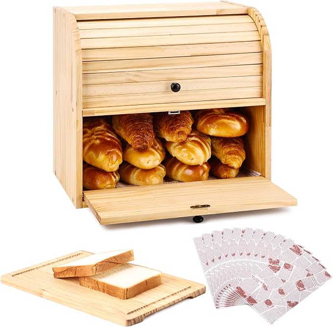 Alpeir Roll Top Bread Box with Cutting Board for Kitchen Countertop | Large Breadbox with Ventilation Holes, Double Layer Pantry Shelf, Wooden Homemade Bread Storage Container, Vintage Farmhouse