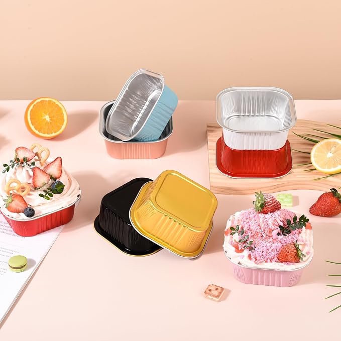100 Pcs Mini Cake Pans with Lids, 10oz Square Aluminum Foil Brownie Baking Cups, Dessert Cupcake Cups with lids, Disposable Loaf Pans Cupcake for Wedding Birthday Party (Pink)