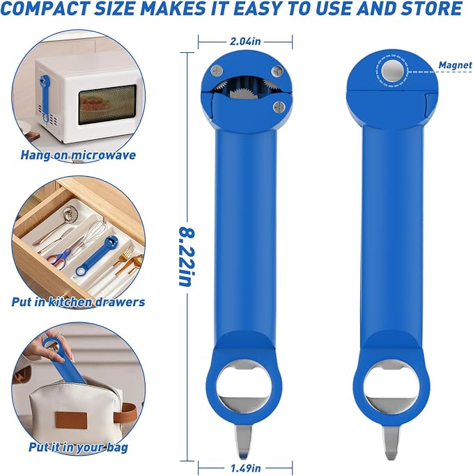 Jar Opener Bottle Opener for Seniors with Arthritis, Multi Retractable Magnetic Can Opener, Jar Grippers for Opening Jars, Kitchen Gadgets for Weak Hands and Senior Arthritis (Blue)