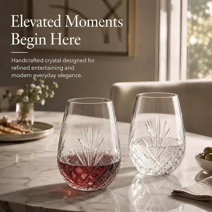 SHOSHIN - Hand Cut Stemless Wine Glass Set of 4, Large 18 oz Crystal Wine Glass, Wine Tumblers for Red and White Wine, Water Glasses, Drinking Glasses