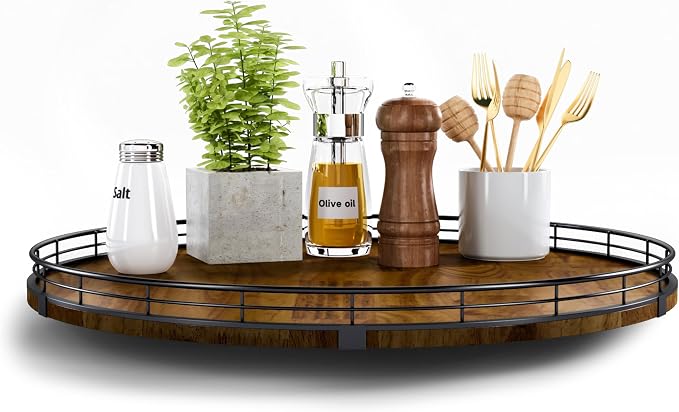 AMH 18-Inch Farmhouse Oak Lazy Susan Organizer, Walnut Finish | Smooth rotating oak tray with walnut finish for dining tables, kitchen counters, pantries and cabinet storage.