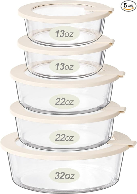 Glass Food Storage Containers with Glass Lids, Microwave Safe Food Container Set, Aitight Meal Prep Container Set, LeakProof, 100% Plastic Free, 5 Pack