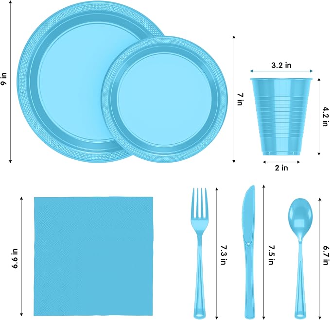 350 Pcs Light Blue Plastic Plates For Party, Light Blue Disposable Plates Set, 50 Of Each 9" Dinner Plate Set, 7" Dessert Plate, Cups, Napkins & Cutlery Plastic Dinnerware Set Exquisite
