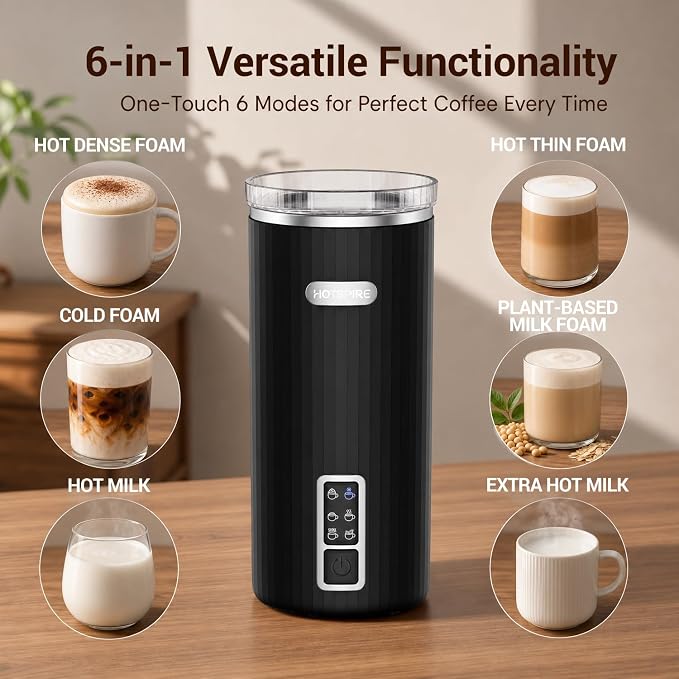 HOTSPIRE Milk Frother and Steamer, 6-in-1 Electric Milk Frother, Automatic Hot & Cold Foam Maker, Stainless Steel Nonstick Interior, 8.5oz, for Latte, Cappuccino