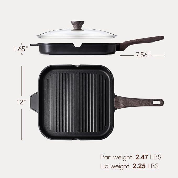 SENSARTE Nonstick Grill Pan with Lid, Grill Pan for Stove Tops, Versatile Griddle with Pour Spouts, Square Big Cooking Surface, Durable Skillet Indoor & Outdoor Grilling. PFOA Free