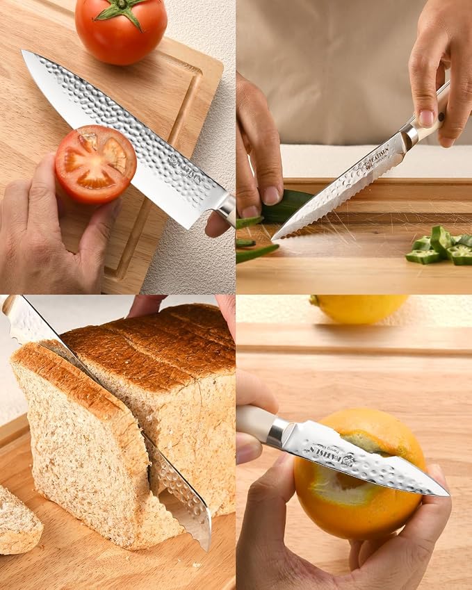 14-Piece Cream German Steel Kitchen Knife Block Set | Hammered Non-Stick Blades with 10° Precision Edge. Features Triple-Riveted Full Tang Handles, Shears & Natural Wood