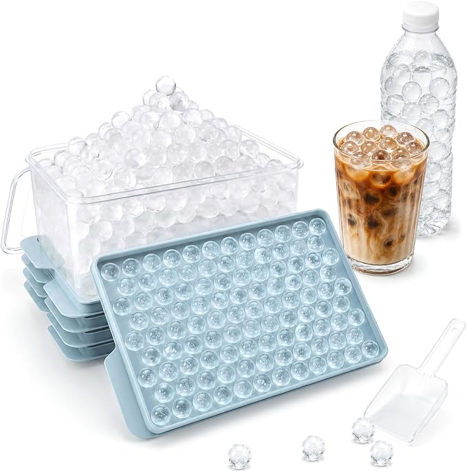 Mini Ice Cube Trays with Lid & Bin, Tiny Pebble Ice Balls for Coffee | Make 416 Mini Ice Balls with 4 Trays, Easy Release, Stackable, Scoop Included, for Iced Coffee, Drinks and Daily Use