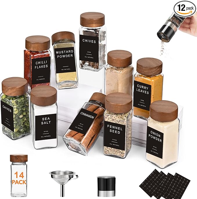 Glass Spice Containers for Kitchen: 14P 4oz Dishwasher Safe Jars | Durable Glass Jars for Cooking Enthusiasts- Airtight Acacia lid 500X Open-Close no Loose - Gift/Daily Use for Housewives