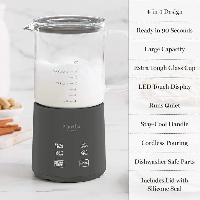 Martha Stewart 10oz Milk Frother & Steamer, 4 Presets, 300ml Glass Pitcher | Light, Dense, Cold Foam & Hot Chocolate, Ready in 90 Seconds, Cordless Pouring, Runs Quiet, Almond, Soy & Oat Milk, Caviar