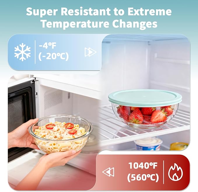 WhiteRhino Glass Mixing Bowl with Lids Set of 5, 0.2, 0.5, 1.1, 2.1, 3.75 QT, Large Salad Bowls with BPA-Free Lids, Space-Saving Nesting Bowls for Kitchen Food Storage, Glass bowl for Cooking, Baking