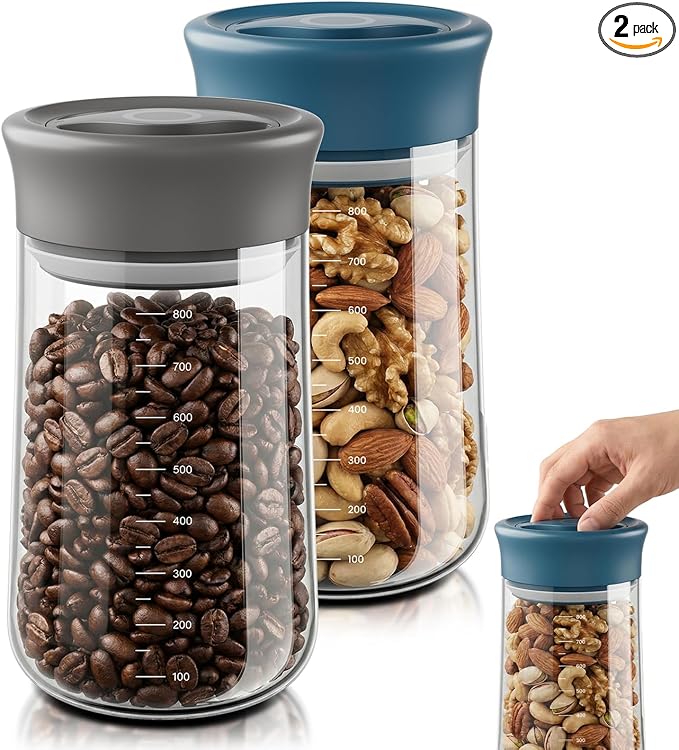 Airtight Glass Storage Jar 27 oz, Easy Open 1/4-Turn Lid Coffee Container | Easy-Open Quarter-Turn Lid, Airtight, Food Grade, Transparency, with Scale