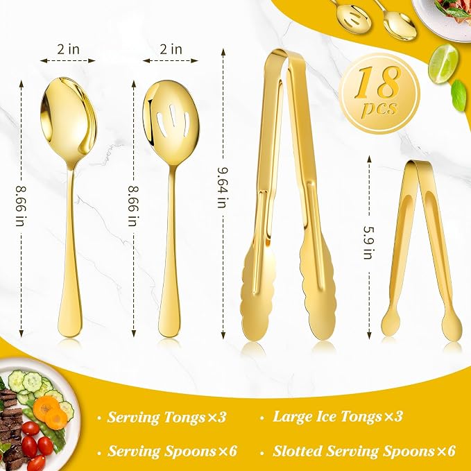 Mwellewm 18Pcs Serving Utensils Set Serving Tongs Serving Spoons for Buffet | Dishwasher Safe, Gold Stainless Steel Tableware, Metal Cutlery, for Parties Weeding Entertaining Catering Banquet Birthday