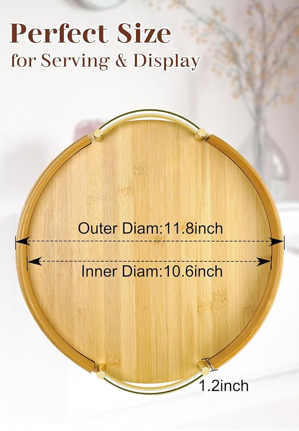 JUPELI 11.8″ Round Bamboo Serving Tray with Handles – Decorative Tray, Breakfast Tray, Coffee Table Tray, Ottoman Tray, Kitchen Platter for Drinks, Snacks, Vanity, Home Decor & Gifts