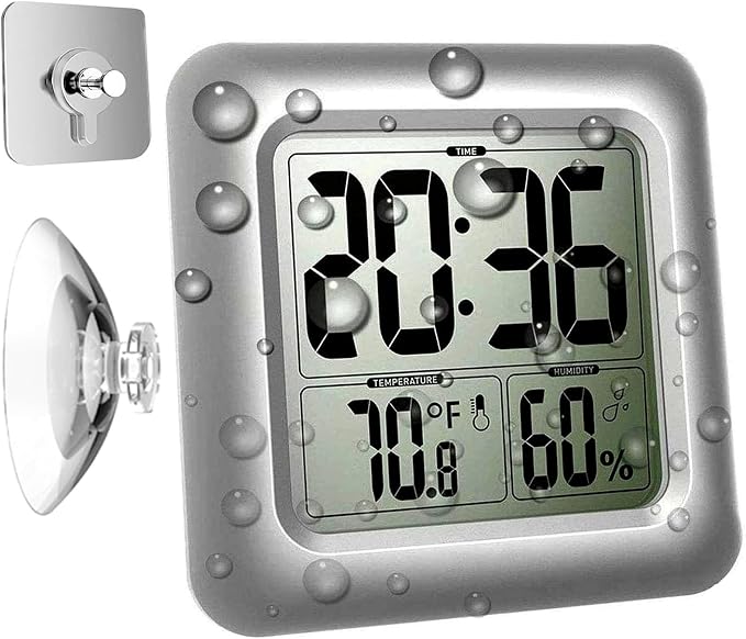 Large Waterproof Bathroom Shower Wall Clock, Big Digital Water Resistant Shatterproof Clock Thermometer Hygrometer for Bath, Temperature & Humidity Meter, Hanging & Table Standing & Mirror Suction Cup
