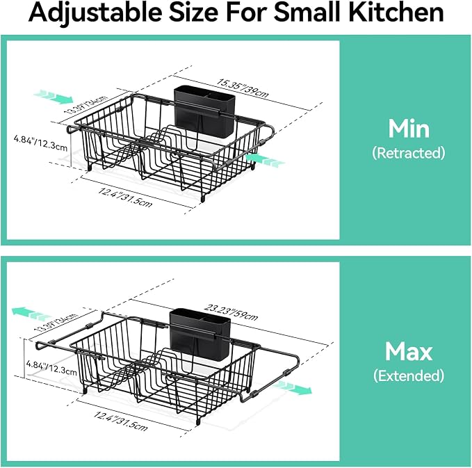 Urackify Expandable in Sink Dish Rack, Full PVC Dip-Coated, Black | Scratch Protection, Reduced Noise, Fast Water Drainage, Fits 14.5"-18"W Sink, Rust Resistant