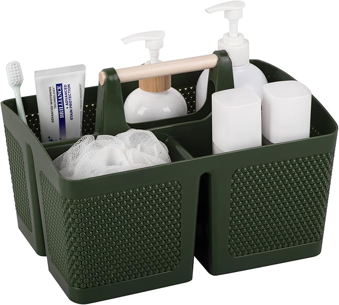 Plastic Shower Caddy, Portable Shower Basket with Handle, Dark Green | Cleaning Caddy Organizer for Bathroom, College Dorm Room Essentials, Storage Tote