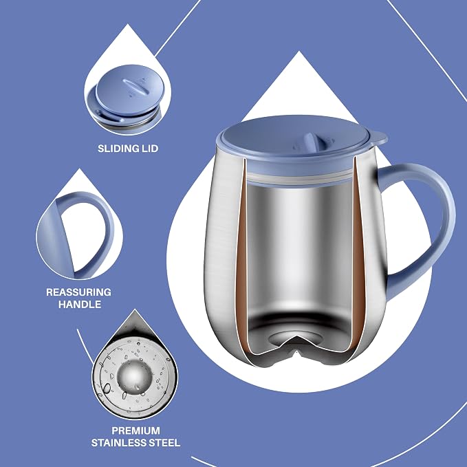 Ideus 16 oz Insulated Coffee Mug with Handle and Lid, Double Wall Stainless Steel Vacuum Thermal Coffee Mug, Travel Coffee Cup Thermal Cup for Home and Office, Ocean Blue 2.0