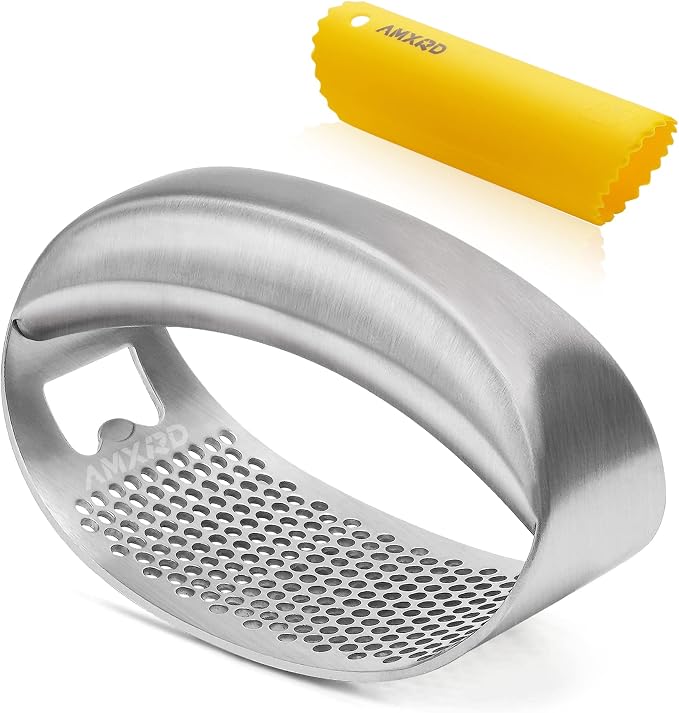 Stainless Steel Garlic Press Rocker & Silicone Peeler | Garlic Mincer Crusher Squeezer, Ergonomic Rocker, Kitchen Tool