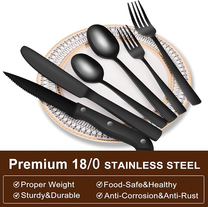 24-Piece Black Silverware Set for 4, Stainless Steel Flatware Set with Steak Knives & Utensil Sets - Mirror Finish Cutlery for Home & Restaurant