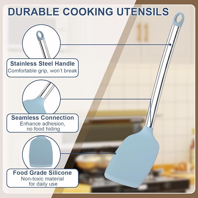 Vayvnt Silicone Cooking Utensils Set, Heat Resistant Spatula Spoon, Blue | 4PCS, Kitchen Utensils for Non Stick Cookware, Hanging Hole, Easy Cleaning Cooking Tools, Metal Long Handle, Dishwasher Safe