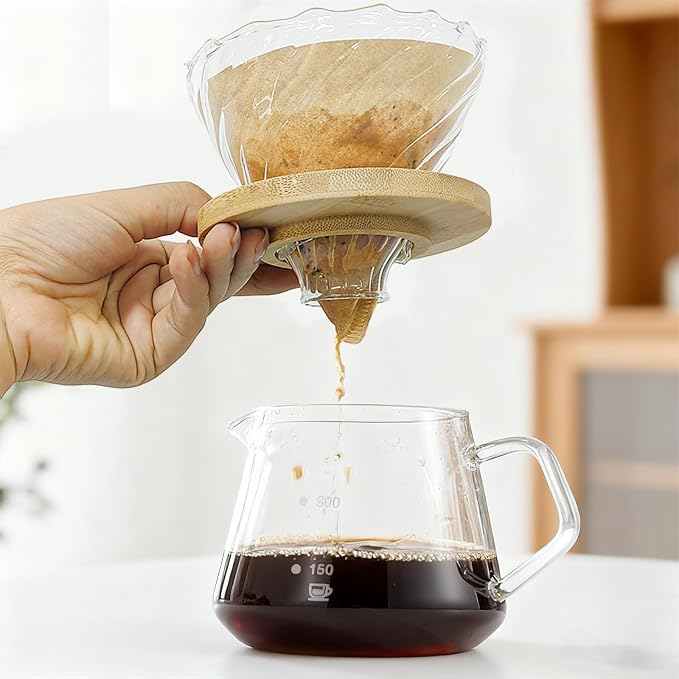 Gute Glass Pour Over Coffee Dripper with Bamboo Stand & Handle,1-4 Cups | Spiral Inner Design,Heatproof Glass,Detachable Bamboo Base,With Handle,Rinse Clean in 1Min,Fits Most Mugs & Thermoses