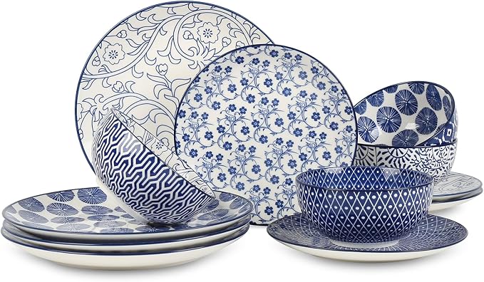 Selamica Ceramic Dinnerware Sets, 12 pcs Plates and Bowls Sets,Vintage Blue | Scratch Resistant Dishes set for 4, Dishwasher & Microwave Safe