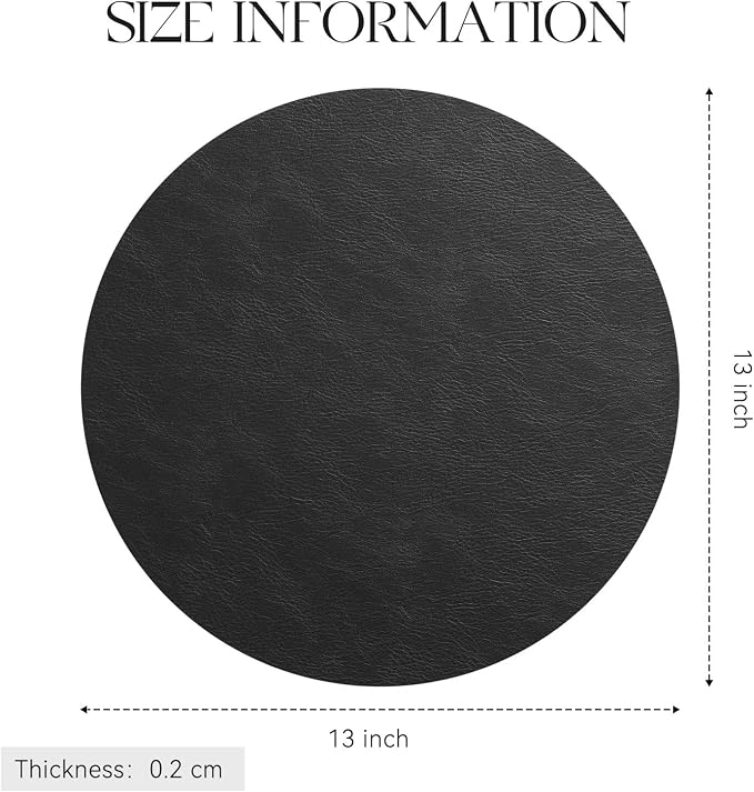 MOSAYT 13 Inch Round Vinyl Placemats Set of 6 - Faux Leather 100% Waterproof Oil-Proof Wipeable PU Place Mats, Heat Resistant Reversible Table Mats for Kitchen, Dining, Outdoor, Black