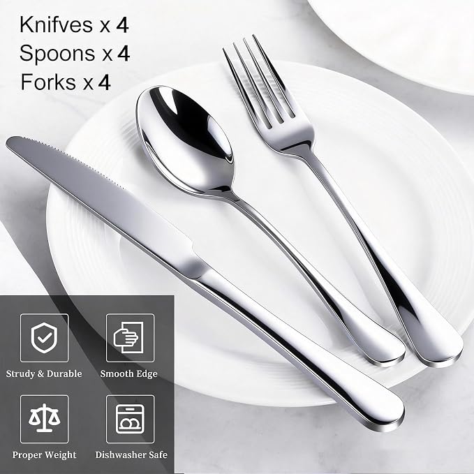 12-Piece Silverware Set for 4 - Stainless Steel Flatware Cutlery Set Service for 4, Mirror Polished Flatware Set Include Forks Spoons Knives for Home, Wedding, Restaurant, Dishwasher Safe
