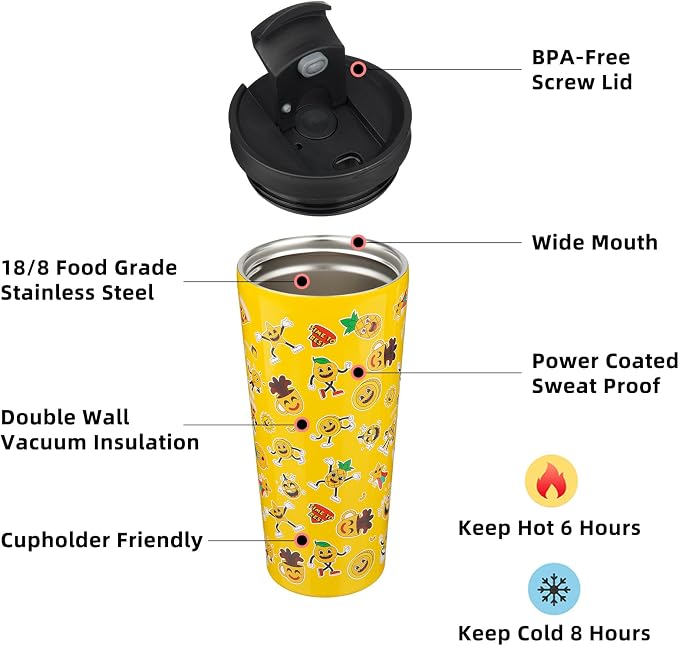 BJPKPK 22 oz Coffee Tumbler with Straw, Insulated Stainless Steel Cup | Double Wall Vacuum, Leak Proof Lid, Keeps Hot/Cold/Iced, BPA Free, Cupholder Friendly, Travel, Hawaii Fruits-Yellow