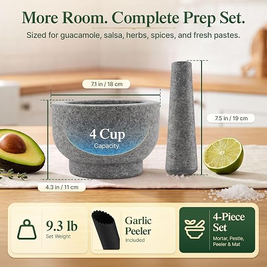 Flexzion Granite Mortar and Pestle Set, 4 Cup with Garlic Peeler, Gray | Large Molcajete Stone Grinder Bowl Includes a Matching Pestle, Garlic Peeler and Non-Slip Mat for Guacamole, Salsa and Spices
