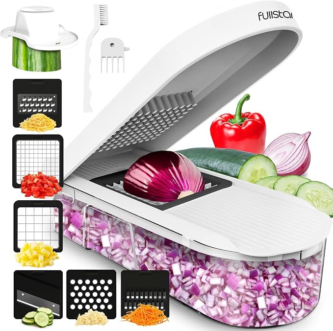 Fullstar Pro Core Vegetable Chopper & Mandoline Slicer, Meal Prep Essential | 6 in 1 Veggie Slicer, Onion & Fruit Slicer with Julienne, Grater & Dicer Stainless Steel Blades + Container (Full White)