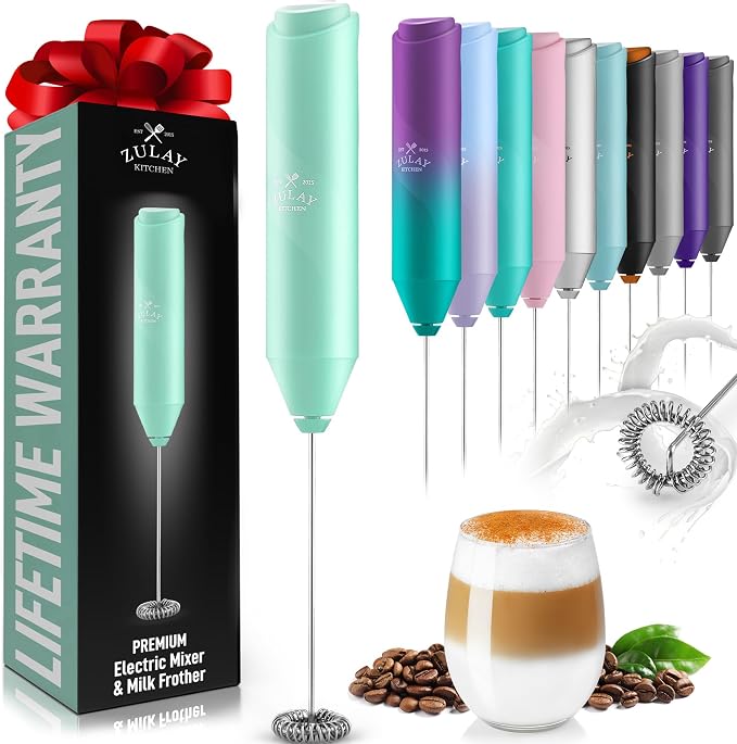 Zulay Kitchen Powerful Milk Frother Wand - Handheld Stainless Steel - Battery Operated Drink Mixer for Coffee, Lattes, Cappuccino, Matcha - Froth Mate Frother Gift - Crisp Mint