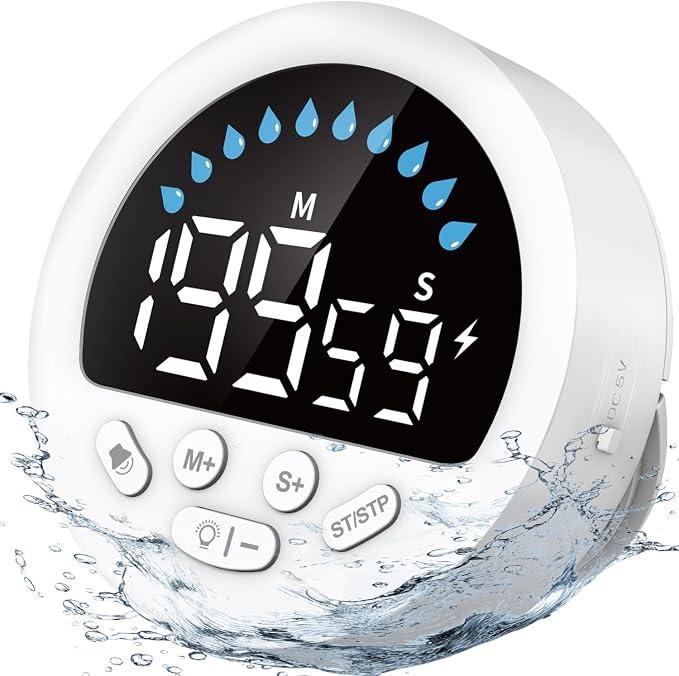 Waterproof Shower Timer for Bathroom Kitchen with Countdown Count-up, White | Large LED Display, 3 Brightness, 4 Volume, Battery Powered, Suction Cup Mounted Digital Stopwatch for Toilet Classroom