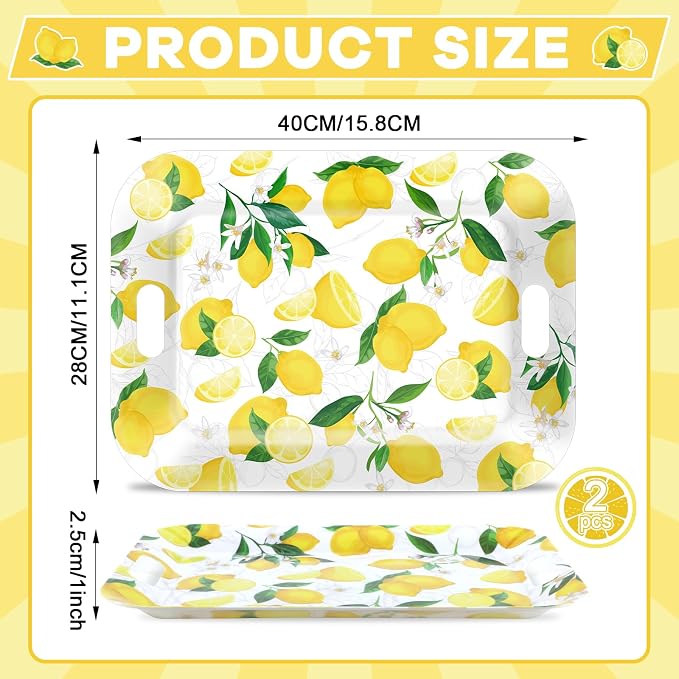 gisgfim 2Pcs Lemon Serving Trays with Handles 16 x 11 Inch Large Melamine Tray Rectangular Yellow Lemon Serving Platter Spring Tray Melamine Dishes for Serving Food Outdoor Dinner Dessert Plates Party