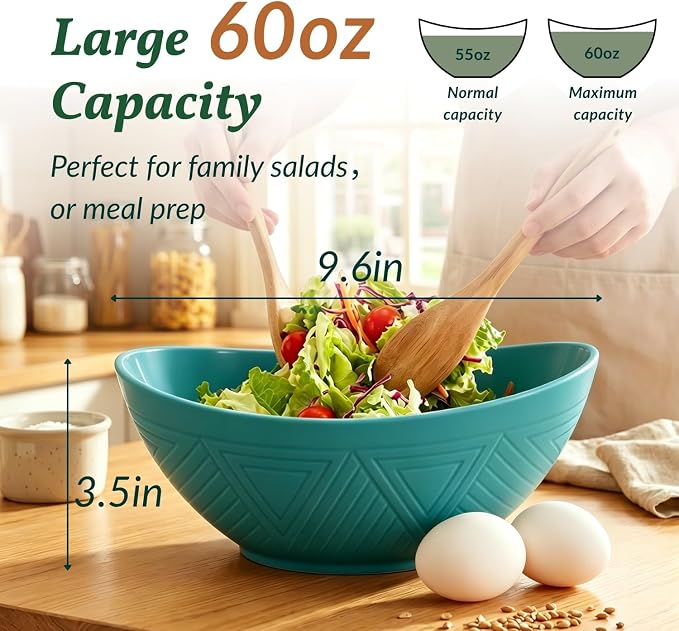 Salad Bowls 6 PCS Wheat Straw Bowls - 60oz Large Serving Bowl - Microwave and Dishwasher Safe Centerpiece Bowl Big Soup Bowl for Kitchen, Camping, Picnic, Party, Popcorn Bowl Set - Green