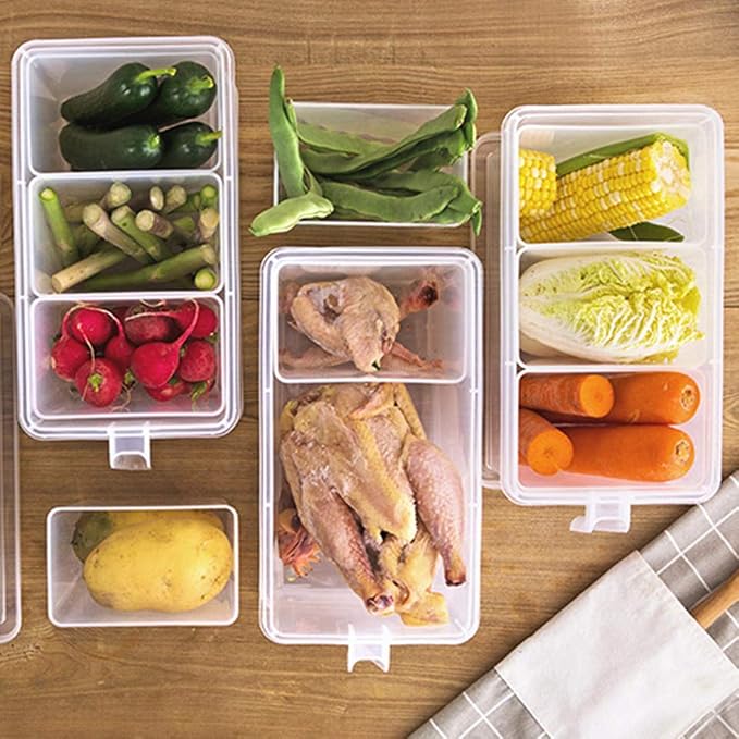 2 Pack Plastic Divided Veggie Storage Containers with Lids and Handles for Fridge Storage Organizer Boxes for Refrigerator Produce Beans Fruits Organzation