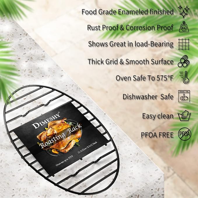 Roasting Rack Enamel 12.5"*8.5"Fits 15In Roasting Pan,Dishwasher Safe,Black | Enamel Finished Roasting Rack Features Stable Integrated Feet,Dishwashable Ideal for Cooking,Basting,Cooling by DIMESHY