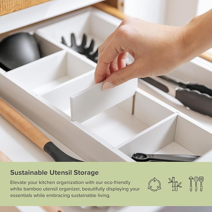 Utensil & Junk Drawer Organizer, 16-28 in, White Bamboo | Food-safe contract grade, 100% sustainable wood, non-slip, adjustable