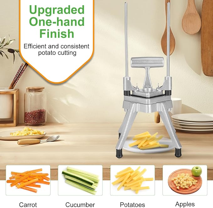 Commercial Vegetable Chopper & French Fry Cutter, 3-Blade Dicer | 1/4", 3/8" & 1/2" blades, aluminum alloy frame, 420 stainless steel cutters, non-slip feet for stability, fast uniform prep