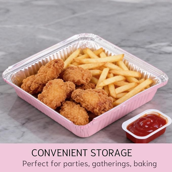 (40 Pack) 8x8 Square Aluminum Baking Cake Pans with Clear Lids - Pink Foil Pans with Lids - Disposable Food Containers Great for Cooking, Heating, Storing, Prepping Food