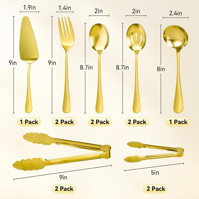 Artcochan 12 PCS Gold Serving Utensils, Stainless Steel Flatware Set Includes Large Serving Spoons, Slotted Spoons, Ladle, Forks, Tongs, Appetizers Tongs and Cake Server for Buffet Party Catering