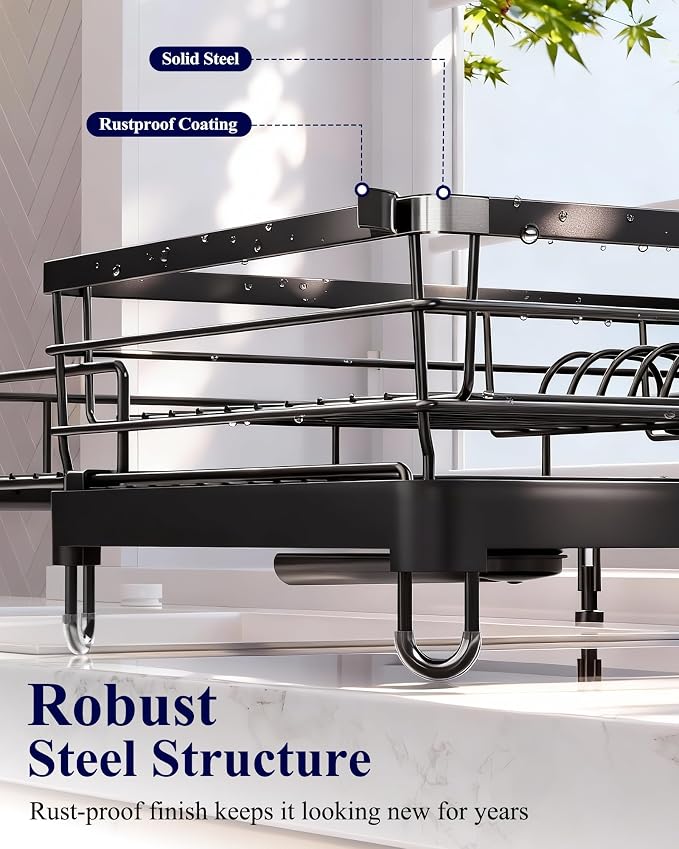 Kitsure Adjustable Dish Drying Rack, 15.6''-25.2''L × 16.9''W, Black | Large Dish Drying Rack, Rust-Resistant Dish Racks for Kitchen Counter, With Adjustable Support Legs, Cutlery Holder