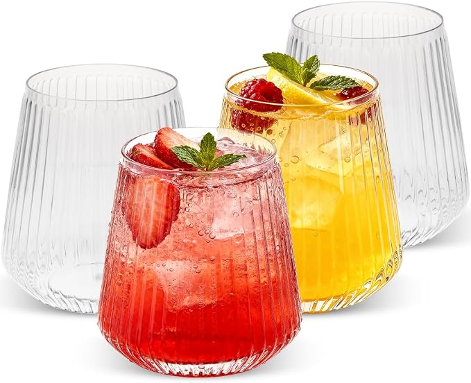 Goodluck 120 Pack 12oz Stemless Clear Plastic Wine Glasses | Clear Ribbed Cups, Elegant Reusable Disposable Drinkware for Weddings, Parties, Bars, Indoor and Outdoor Events