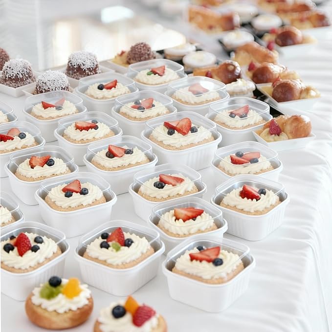 100 Pack White 10oz Pink Mini Cake Pans With Lids, Aluminum Foil Square Brownie Baking Cups,Disposable 4”x4” Large Cupcake Pan,Jumbo Muffin Tin Ramekins Holders